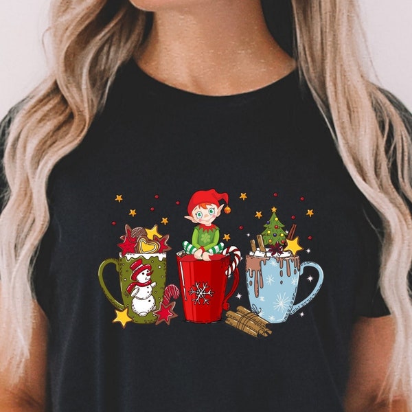 Christmas Hot Chocolate Coffee Cups T-shirts, Coffee Lover Gift, Women Xmas Shirt, Custom Christmas Chocolate Coffee Shirts