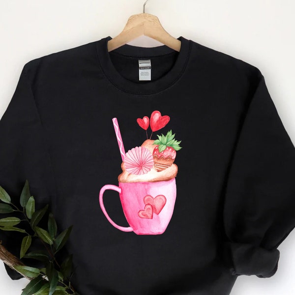 Heart Mug Woman T-shirts, Pink Color Mug Shirts, Cute Coffee Mug Tee, Valentine Heart Graphich Tshirts, Custom Heart Coffee Cup Sweatshirts