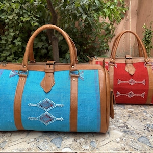 Moroccan leather travel bag with Berber fabric Sport Weekend Bag image 1