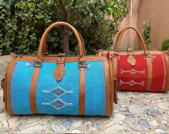 Moroccan leather travel bag with Berber fabric Sport Weekend Bag