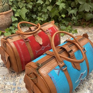 Moroccan leather travel bag with Berber fabric Sport Weekend Bag image 3