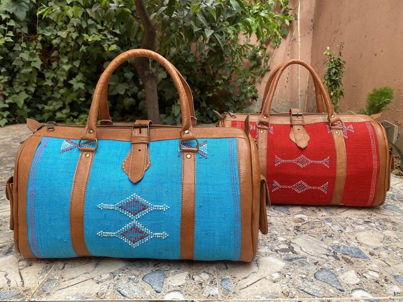 Moroccan leather travel bag with Berber fabric Sport Weekend Bag image 1