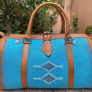 Moroccan leather travel bag with Berber fabric Sport Weekend Bag Blue