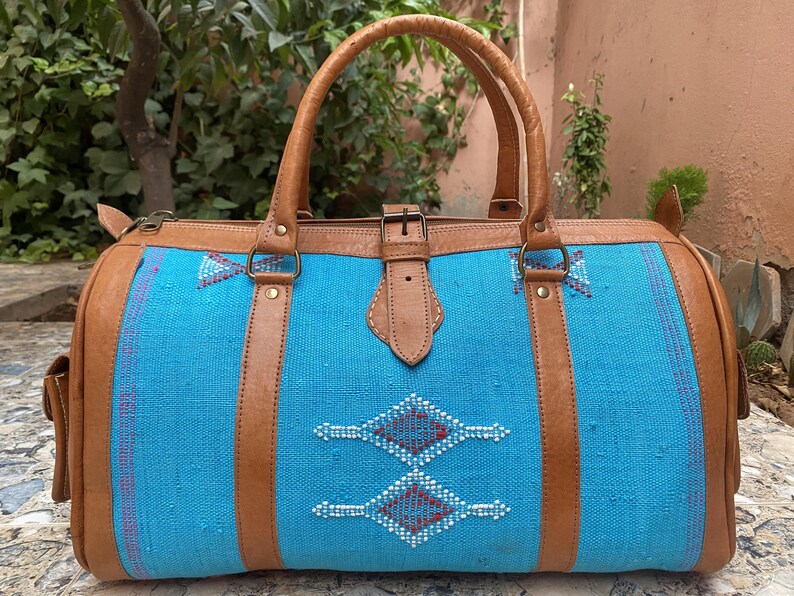 Moroccan leather travel bag with Berber fabric Sport Weekend Bag Blue