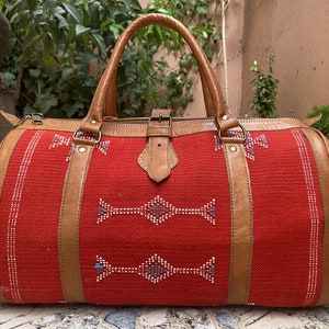 Moroccan leather travel bag with Berber fabric Sport Weekend Bag Red