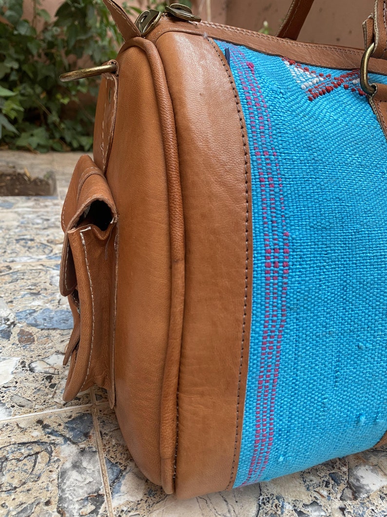 Moroccan leather travel bag with Berber fabric Sport Weekend Bag image 6