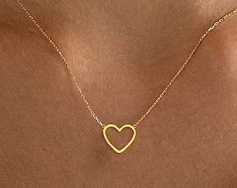 Cute  14k Gold Heart Necklace | Pendant Choker | Small Gold Love Open Heart Chain Necklace for Women