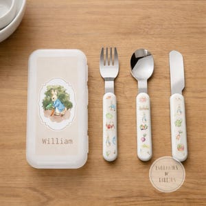 Personalized Kids Cutlery Set, Peter Rabbit Toddler Silverware & Case, Stainless Steel Fork Spoon Knife, Easter Flatware Gift Boys Girls,