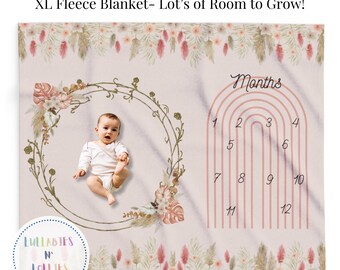 Boho Floral Milestone Baby Blanket, Soft Plush Throw, Nursery Blanket, Baby Shower Gift, Newborn Photography Prop, 0-12 Months