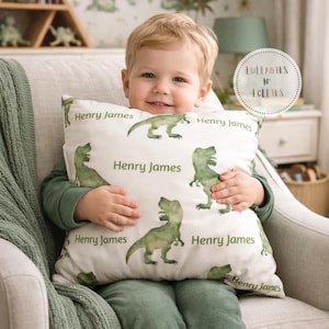 Personalized T-Rex Pillow Cover, Custom T rex Decor, Sued Textured Cushion Cover, Boys Room, Nursery Accent, Kids Bedroom, Dino Gift