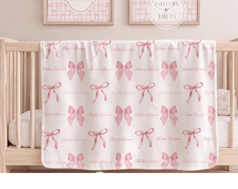 Personalized Pink Bow Blanket, Custom Name Baby Shower Gift, Coquette Decor, Soft Nursery Swaddle, Newborn Baby Girl Throw, First Fleece