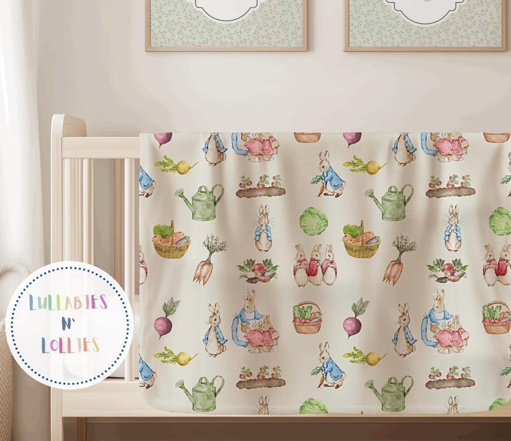 Fleece Baby Blanket, Peter Rabbit Garden Theme Beatrix Potter Inspired Pattern Nursery Bedding, Play Mat, Baby Shower Gift, Newborn Swaddle