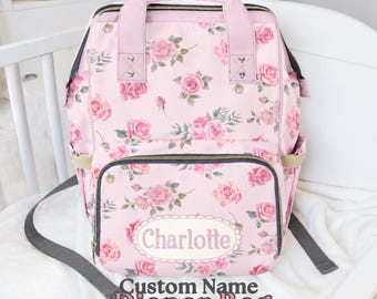 Mochila cambiador personalizada, estampado floral de rosas, bolso personalizado para bebé niña, estilo coqueto, regalo para baby shower, para mamá primeriza