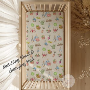 Custom Print Matching Crib Sheets and Changing Pad Cover, Peter Rabbit Garden Pattern