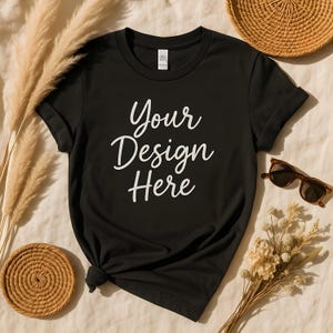 Boho Black T-Shirt Mockup: Bella Canvas 3001 Flat Lay (Digital Download)