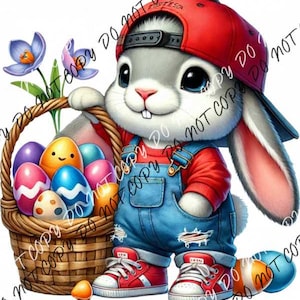 May include: A gray bunny wearing a red baseball cap and blue overalls holds a basket of colorful Easter eggs. The bunny is smiling and has blue eyes.