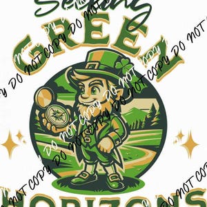 May include: A green leprechaun with a compass in hand, standing on a green path with the words "Seeking Green Horizons" around him.