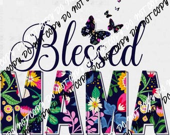 Bright Floral Script Blessed Mama with Butterflies DTF Transfer
