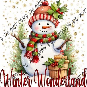 May include: A snowman with a red and green scarf and a brown hat with red and white stripes. The snowman is holding a branch in one hand and a wooden bucket with holly and red berries in the other. The background is white with gold glitter.