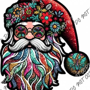 May include: A glittery, colorful Santa Claus with a red hat, a white beard, and a rainbow-colored beard. The Santa Claus is wearing sunglasses with a psychedelic pattern. The hat is decorated with flowers and glitter.