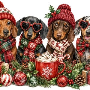 May include: Four dachshunds decorated for the holidays. Two wear red knit hats with holly, two wear heart-shaped sunglasses. They are adorned with plaid scarves and a reindeer scarf. A red mug with whipped cream and gifts sit among pine and ornaments.
