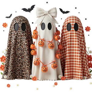 May include: Three ghost figurines featuring black oval eyes. The left ghost has a brown and black leopard print pattern. The center ghost is cream-colored with a large bow on top and a garland of small orange jack-o'-lanterns. The right ghost has an orange and white gingham pattern.