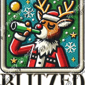 May include: A cartoon reindeer wearing a Santa hat and holding a bottle of beer. The reindeer is in a green and blue frame with snowflakes and stars. The text "BLITZED" is below the frame.