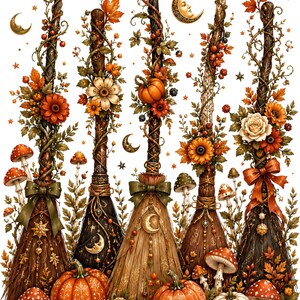 May include: Five decorative broomsticks adorned with autumn foliage, orange pumpkins, and mushrooms. Each broom features intricate details like golden crescent moons, stars, and ribbons. The arrangement includes sunflowers, berries, and fall leaves.