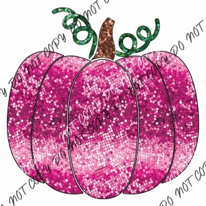 Puede incluir: Una calabaza rosa con purpurina y un tallo verde. La calabaza es una decoración de otoño popular.