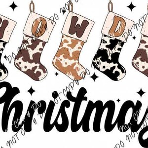 May include: Five brown and white cow print stockings with the letters "HOWDY" and the word "Christmas" in black script.