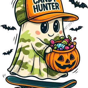 May include: A cartoon ghost wearing a camouflage pattern sheet and an orange baseball cap with the text CANDY HUNTER. The ghost holds an orange jack-o'-lantern bucket filled with colorful candies while riding a black skateboard with orange wheels.