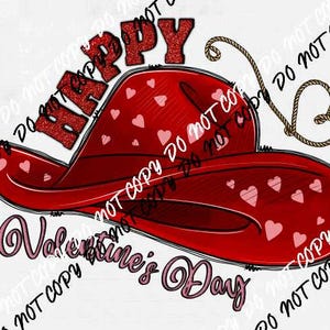 May include: A red cowboy hat with white hearts and the text "Happy Valentine's Day" in pink. The hat has a brown rope tied around it.