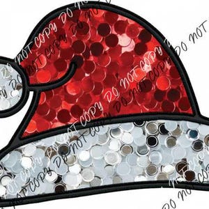 May include: A red and white Santa hat with a white pom-pom. The hat is made of a sparkly material and has a black outline.