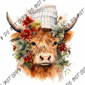 May include: A watercolor painting of a Highland cow with a blue and white plaid hat. The cow is surrounded by red and green flowers.