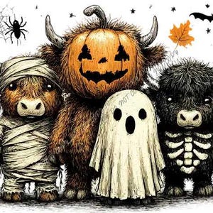 May include: A digital illustration featuring four characters: a brown highland cow wrapped in mummy bandages, a central highland cow with a pumpkin head, a small ghost figure, and a black highland cow wearing a skeleton print, with small pumpkins.