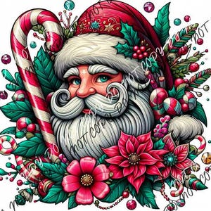 May include: A festive illustration of Santa Claus with a white beard and red hat, surrounded by candy canes, holly, and poinsettias. The image is in a cartoon style with detailed line work and bright colors.