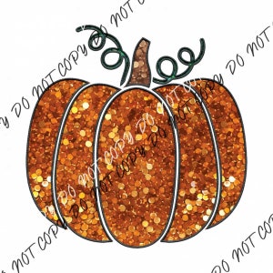 May include: A glittery orange pumpkin with a green stem and vine. The pumpkin is made of small, round, orange sequins.