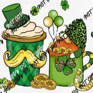 May include: Four different green, yellow, and orange beverages with a shamrock and gold coin theme.  The beverages are in cups and have straws.  One cup has a green and white plaid pattern and a yellow mustache.  Another cup has a green and brown leopard print pattern and a gold horseshoe.  The third cup has a green and yellow striped pattern and a shamrock.  The fourth cup has a green and white striped pattern and a shamrock.
