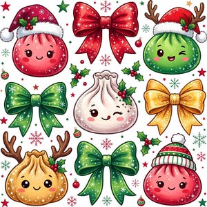 May include: A collection of festive stickers featuring cartoon dumplings with smiling faces, some wearing Santa hats or reindeer antlers, interspersed with glittery red, green, and gold bows, holly sprigs, and small snowflakes on a white background.