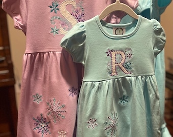 Frozen Inspired Initial Dress: Embroidered Snowflake Cotton Dress with Personalization