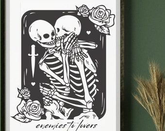 Póster de esqueletos "De enemigos a amantes" – Arte gótico romántico (Descarga digital)