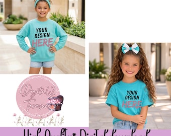 Aqua/Teal Kids Shirt Mockup Bundle PNG • Girl T-Shirt Mockup • Sweatshirt Mockup • Blank Kids Apparel Mockup • Boutique Kids Clothing Mockup