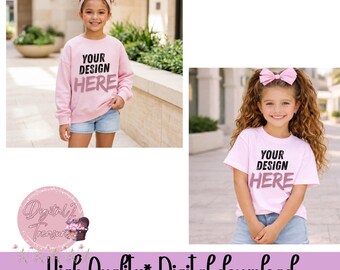 Pink Kids Shirt Mockup Bundle PNG • Girl T-Shirt Mockup • Sweatshirt Mockup • Blank Kids Apparel Mockup • Boutique Kids Clothing Mockup