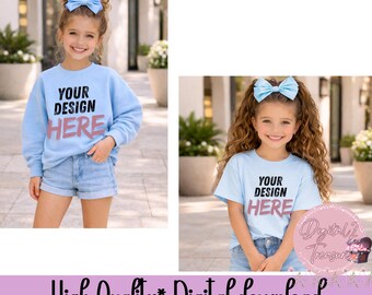 Light blue Kids Shirt Mockup Bundle PNG • Girl T-Shirt Mockup • Sweatshirt Mockup • Blank Kids Apparel Mockup • Boutique Kids Mockup