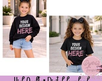 Black Kids Shirt Mockup Bundle PNG • Girl T-Shirt Mockup • Sweatshirt Mockup • Blank Kids Apparel Mockup • Boutique Kids Clothing Mockup
