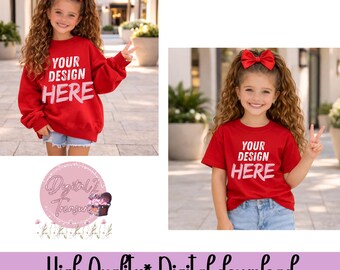 Red Kids Shirt Mockup Bundle PNG • Girl T-Shirt Mockup • Sweatshirt Mockup • Blank Kids Apparel Mockup • Boutique Kids Clothing Mockup