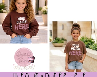 Brown Kids Shirt Mockup Bundle PNG • Girl T-Shirt Mockup • Sweatshirt Mockup • Blank Kids Apparel Mockup • Boutique Kids Mockup