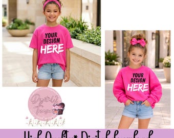 Hot pink Kids Shirt Mockup Bundle PNG • Girl T-Shirt Mockup • Sweatshirt Mockup • Blank Kids Apparel Mockup • Boutique Kids Clothing Mockup