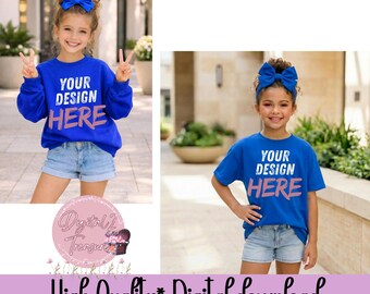 Blue Kids Shirt Mockup Bundle PNG • Girl T-Shirt Mockup • Sweatshirt Mockup • Blank Kids Apparel Mockup • Boutique Kids Clothing Mockup