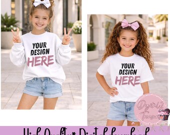 White Kids Shirt Mockup Bundle PNG • Girl T-Shirt Mockup • Sweatshirt Mockup • Blank Kids Apparel Mockup • Boutique Kids Clothing Mockup